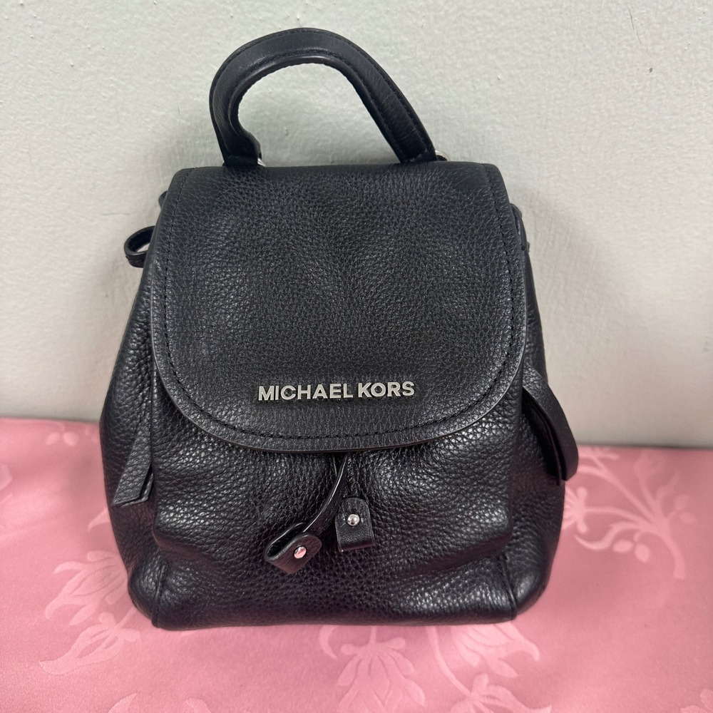 Michael Kors Black Pebbled Leather Mini Backpack Silver Hardware Flap Top Bag